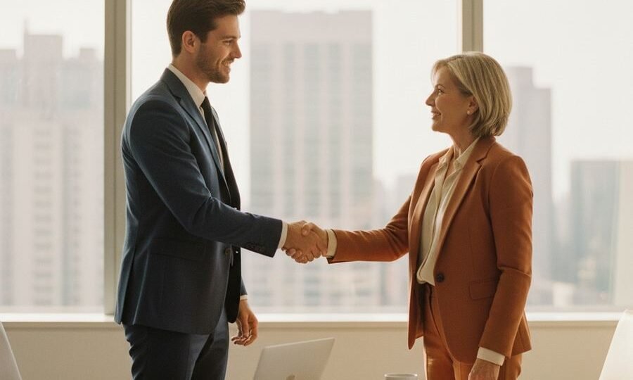 Two professionals shaking hands after a successful salary negotiation