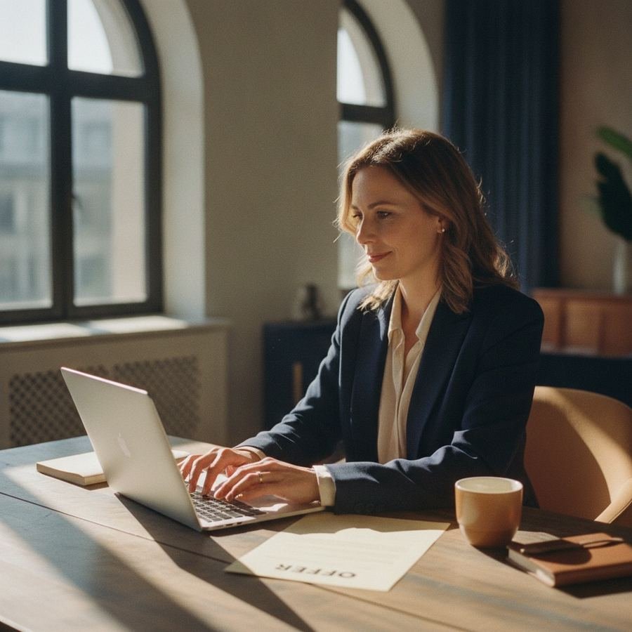 Professional writing a counteroffer email using the five-part structure