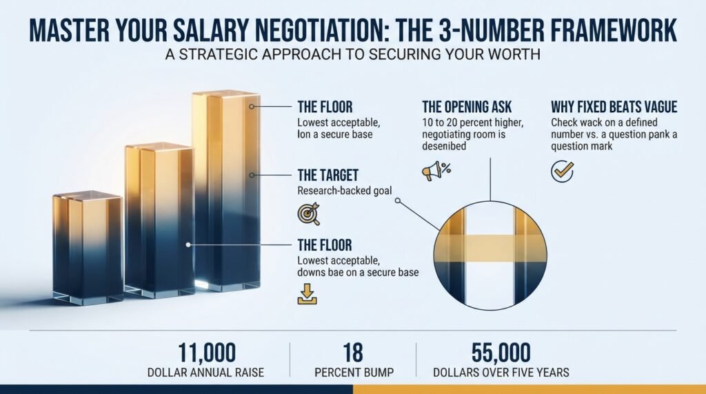 The 3-number raise framework: floor, target, and opening ask, with a real result of an 18 percent raise