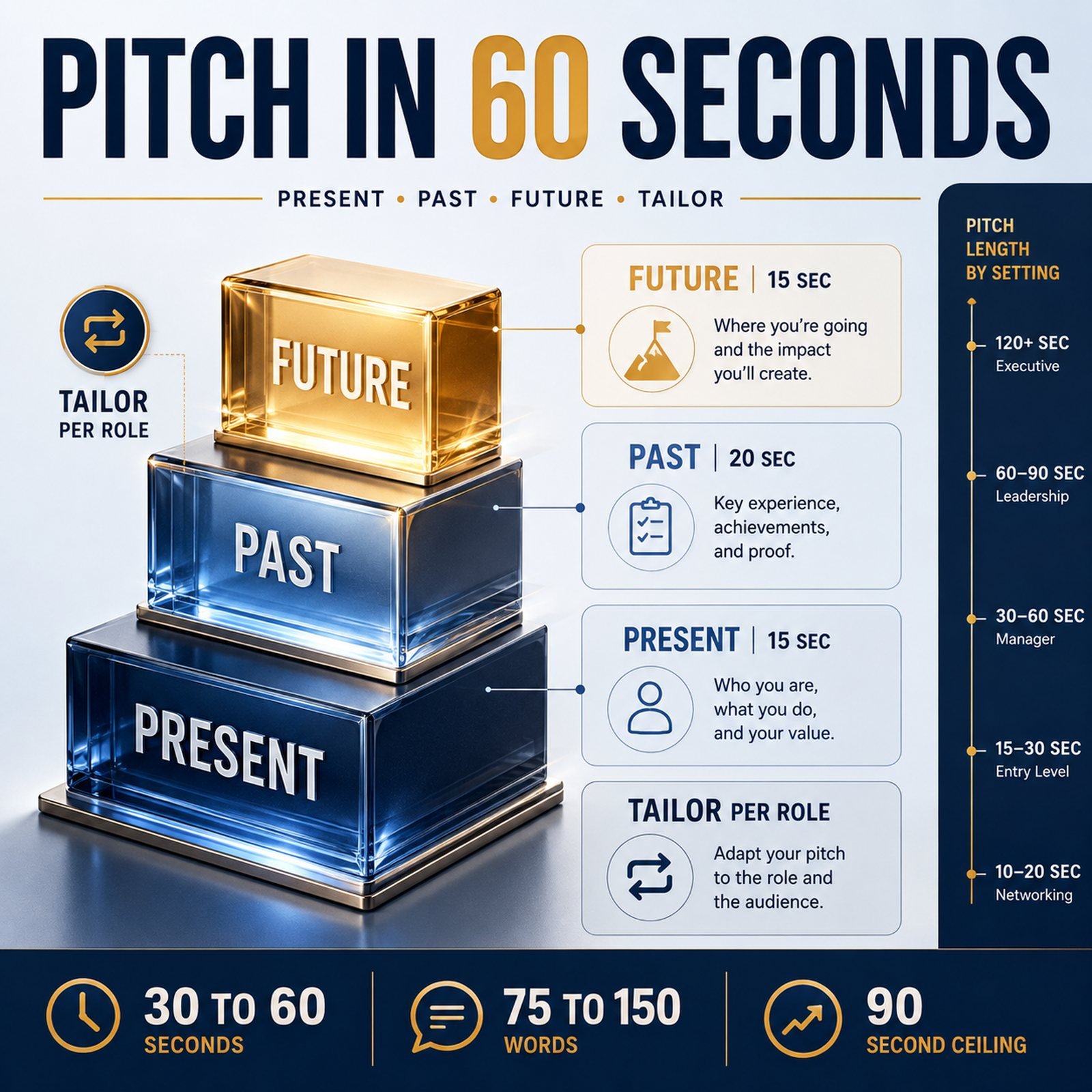 Present past future formula for an elevator pitch interview answer, timed at 15, 20, and 15 seconds