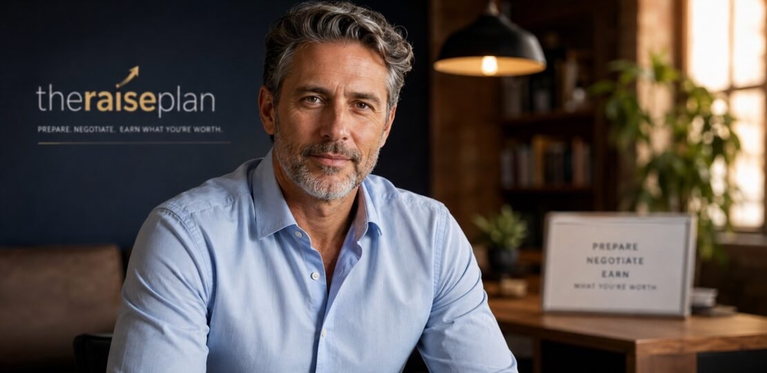 A professional man in his fifties prepares for an interview, calm and composed, in a warm office setting