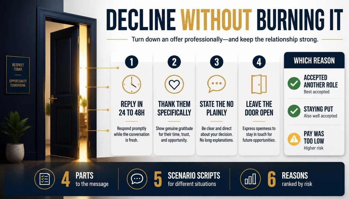 Infographic on how to decline a job offer: the four-step message and which reason to give