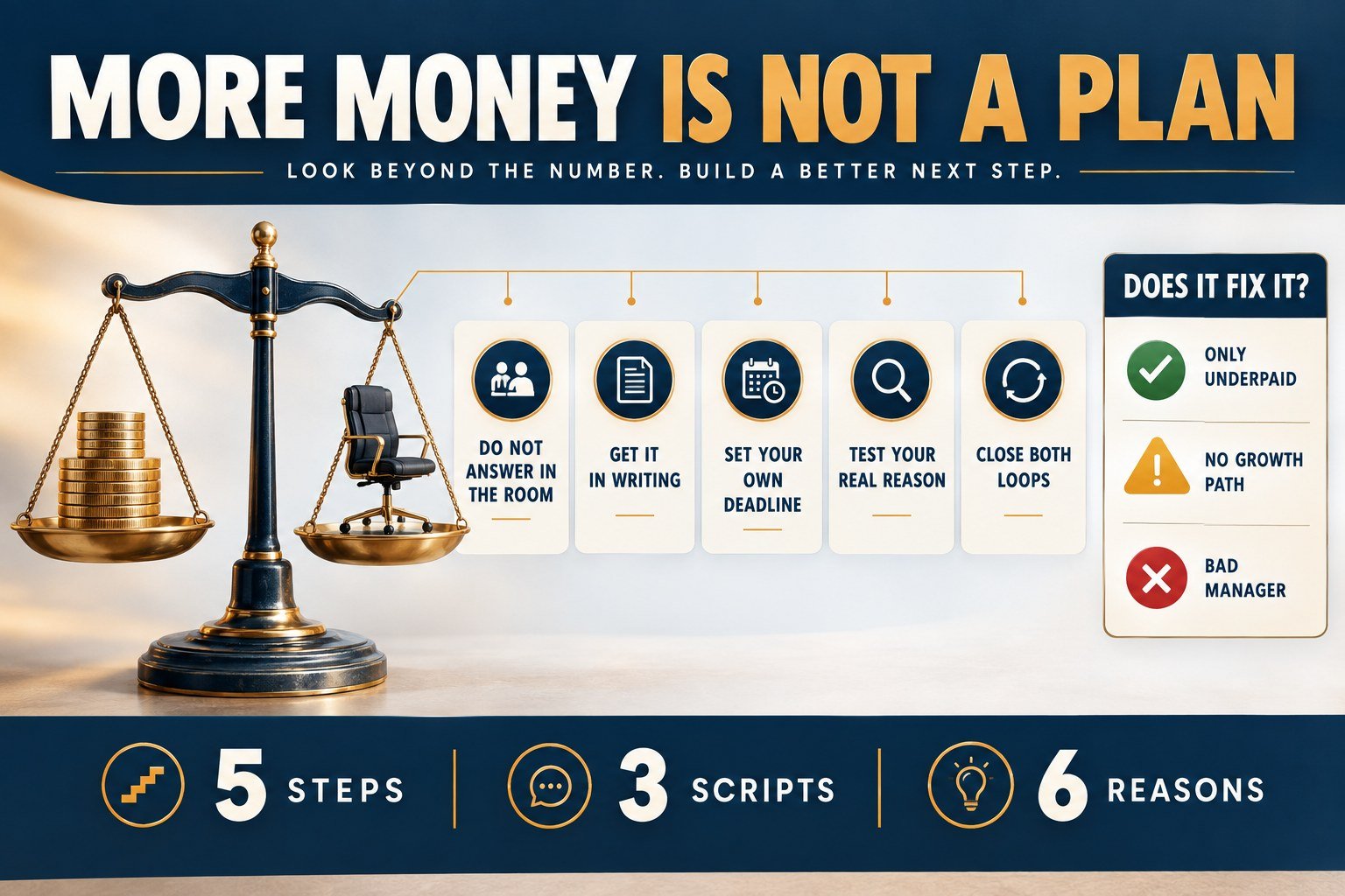 Infographic on how to handle a counteroffer: the five-step response and whether a counteroffer fixes your reason for leaving