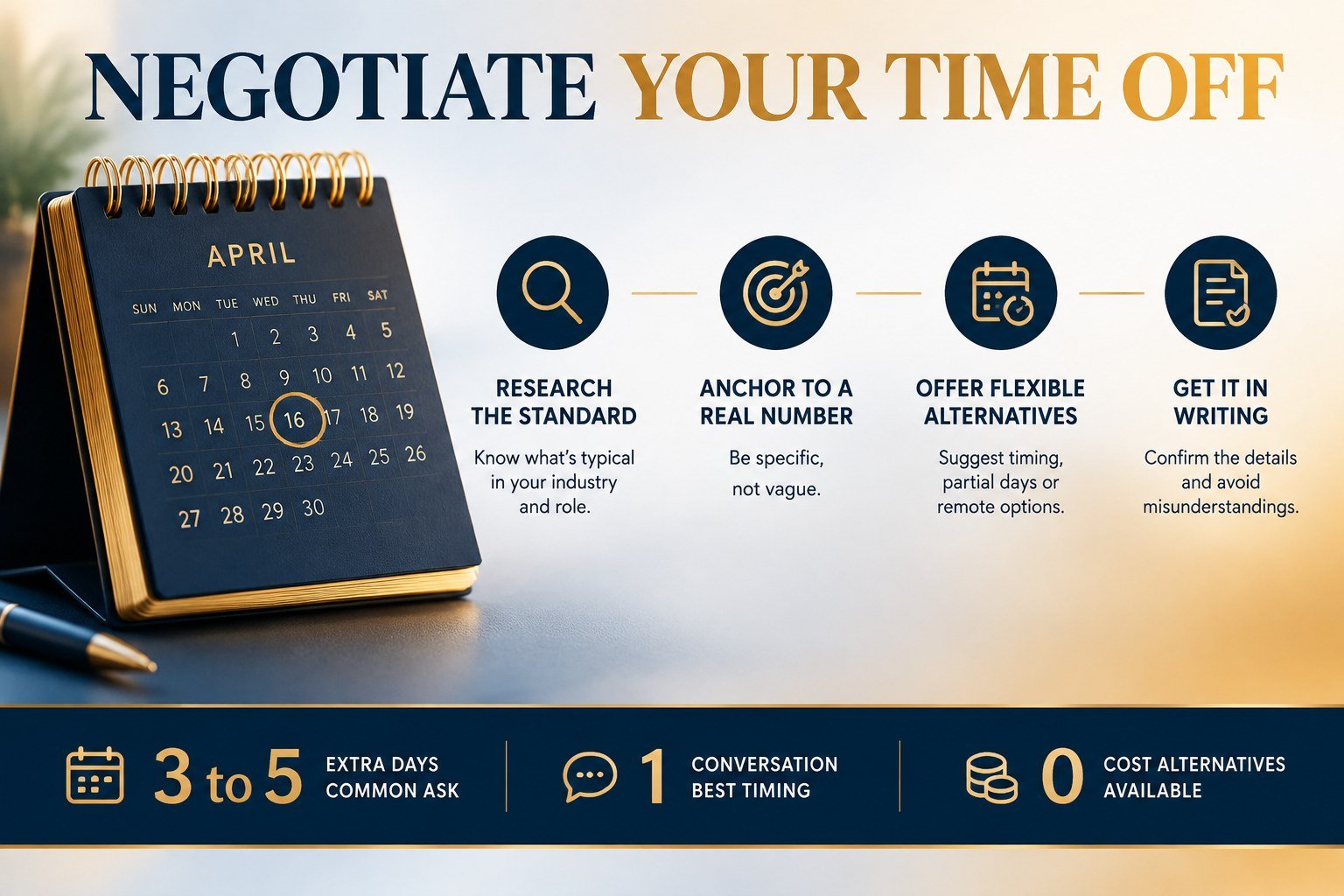 Infographic on how to negotiate vacation days: research, anchor, alternatives, and get it in writing