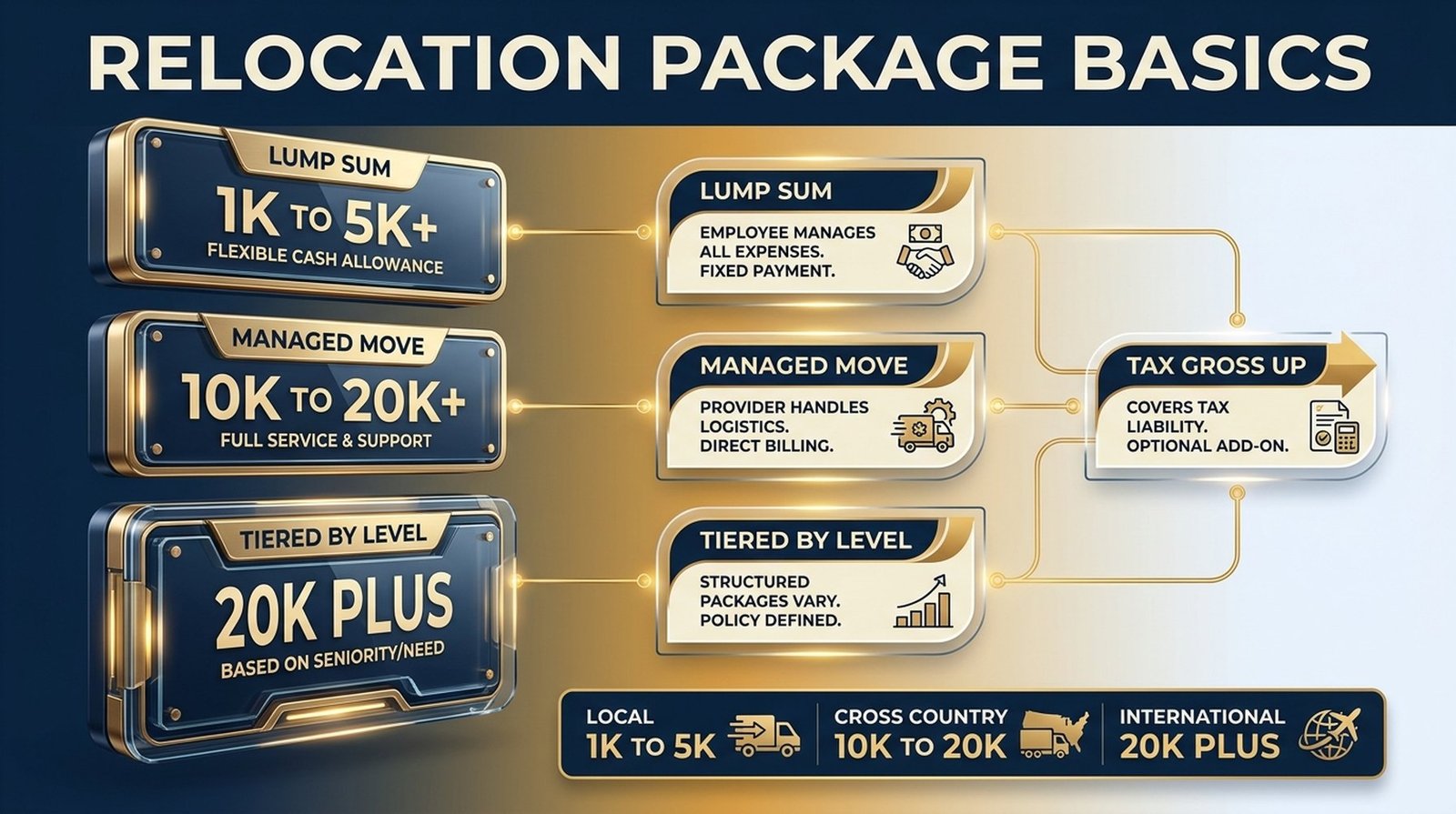 Relocation package types and typical dollar ranges by move type, from local to international