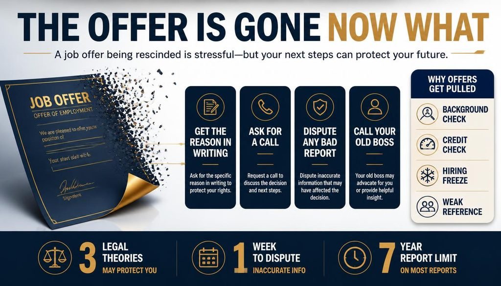 Infographic on a rescinded job offer: common reasons an offer gets pulled and your first four moves