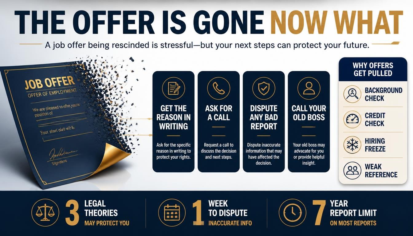 Infographic on a rescinded job offer: common reasons an offer gets pulled and your first four moves